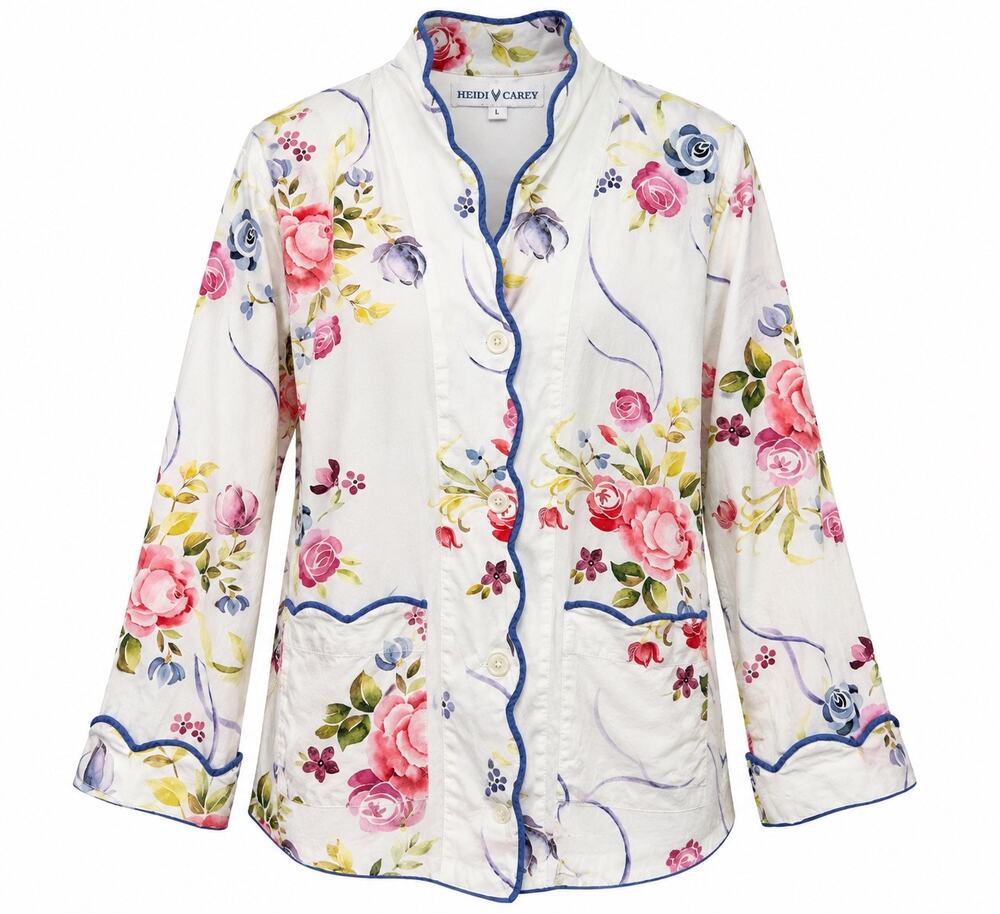 Heidi Carey Floral Cotton Pajama Top L White Pink Blue Scallop Cottagecore Boho